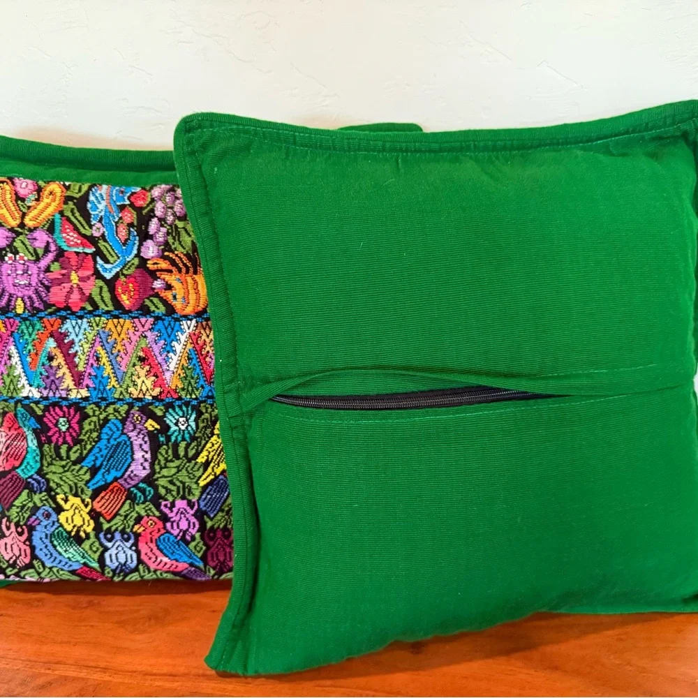 Guatemala handmade Embroidered Throw Pillows pair 18x18” zip birds crab floral